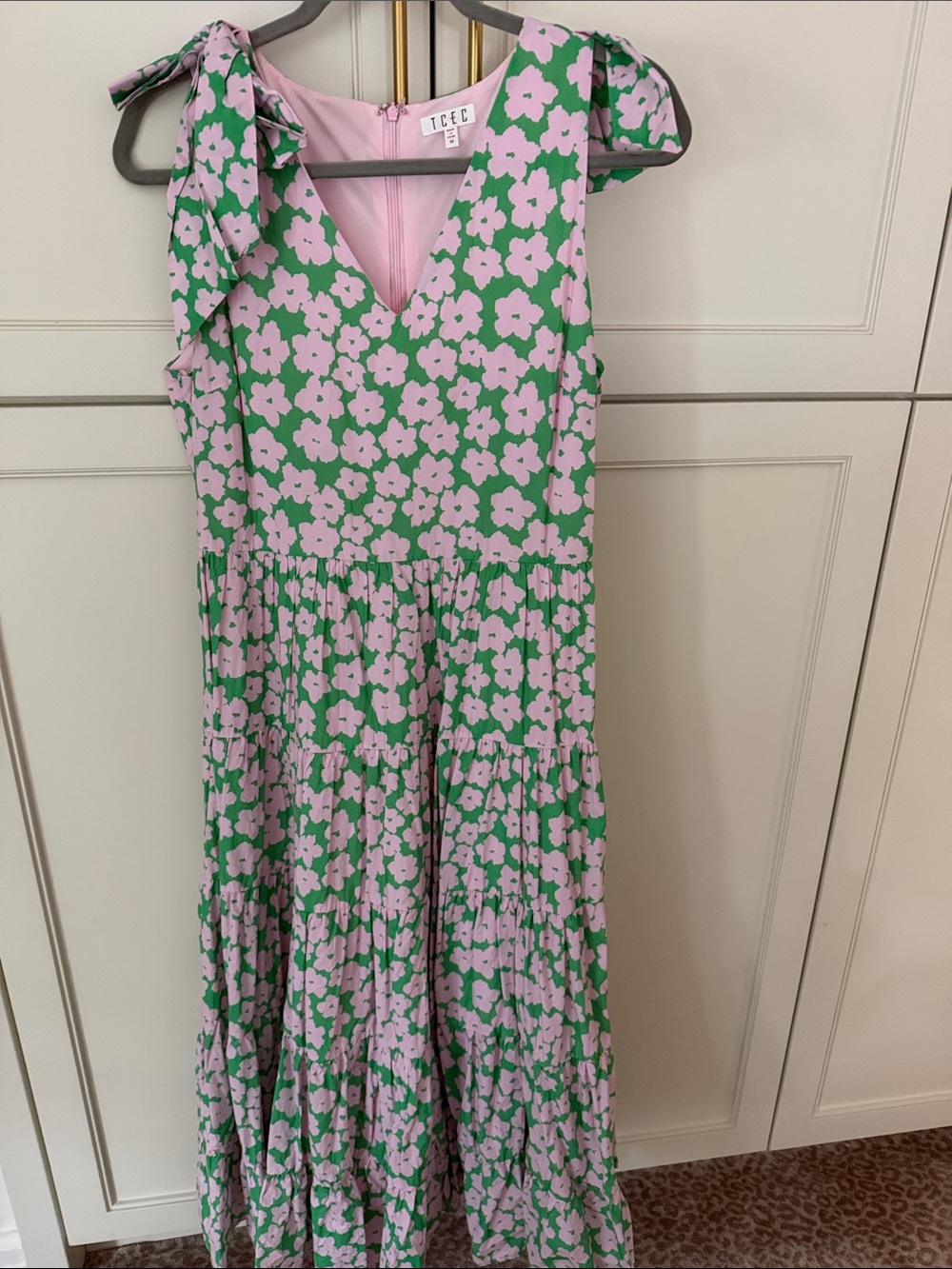 TCEC Green & Pink Floral Tie-Shoulder Tiered Dress